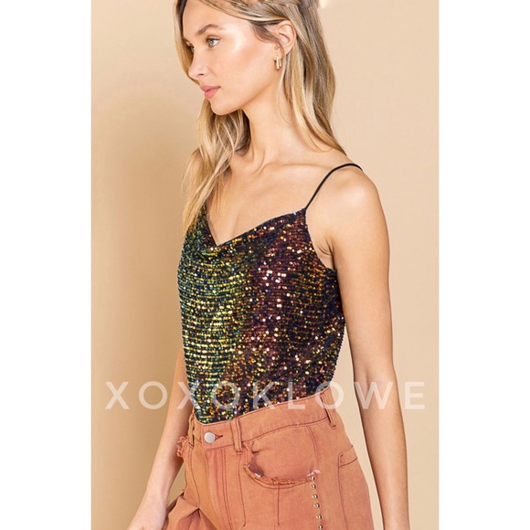POL Bronze Iridescent Sequin Spaghetti Strap Cami Top - Picture 9 of 13